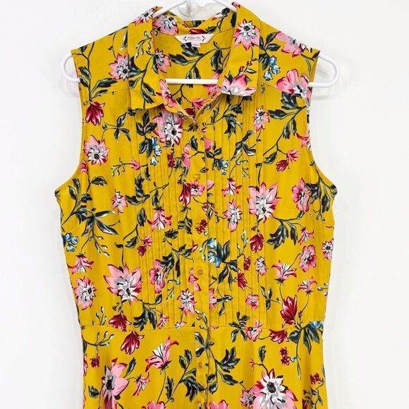 Nanette Lepore Yellow Pink Floral Pleat Chest A Line Sleeveless Shirt Dress - Picture 4 of 16
